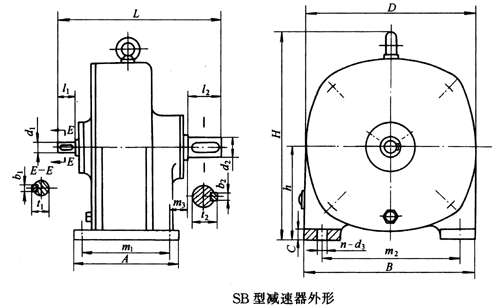 SB系列雙擺線針輪減速機外形及安裝尺寸、針齒中心圓直徑及傳動比