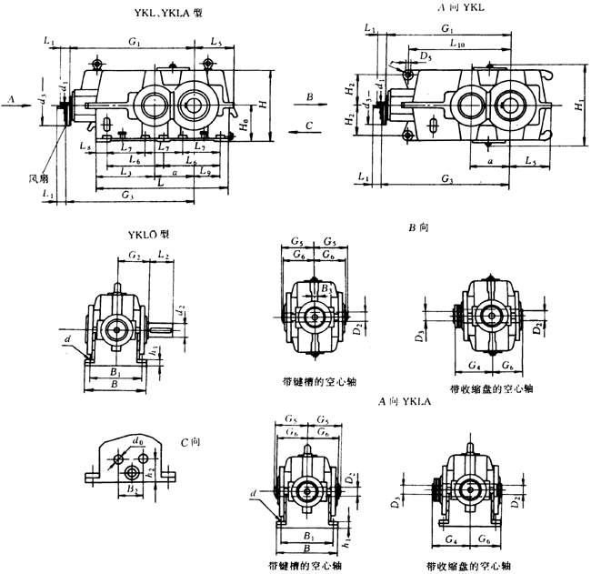YKL、YKLD、YKLA型減速器外形及安裝尺寸